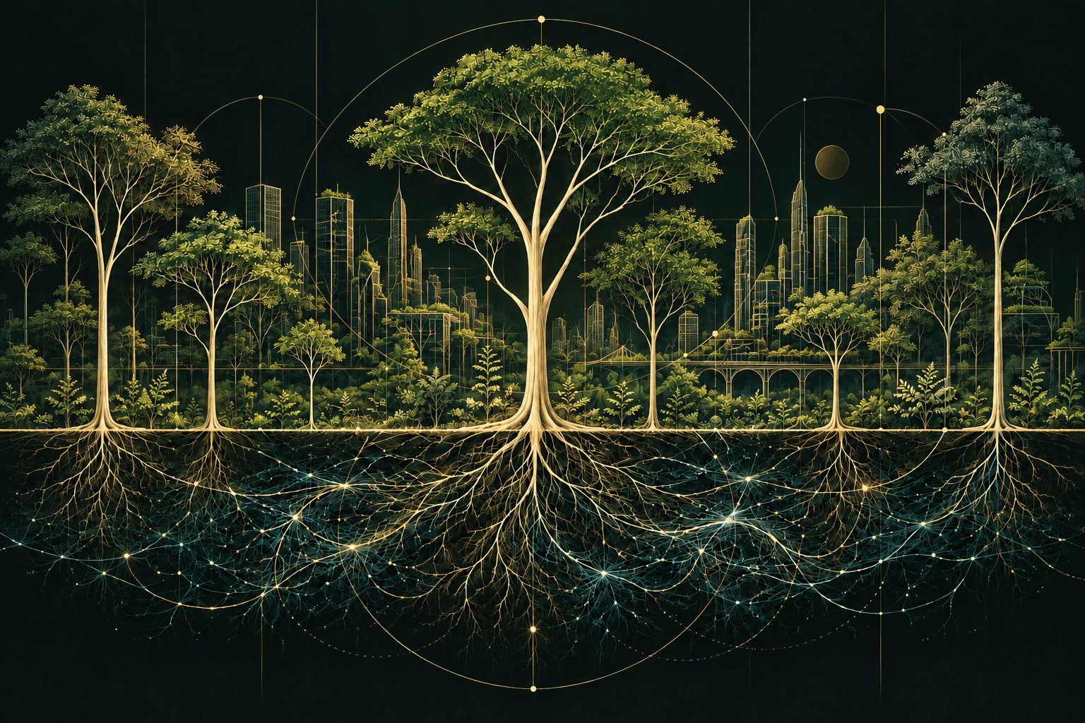 The journey to the climax state: Growth builds resources, Development increases complexity, and Climax State sustains abundance in harmony, illustrated by an ecosystem progressing from seedlings to a mature forest.